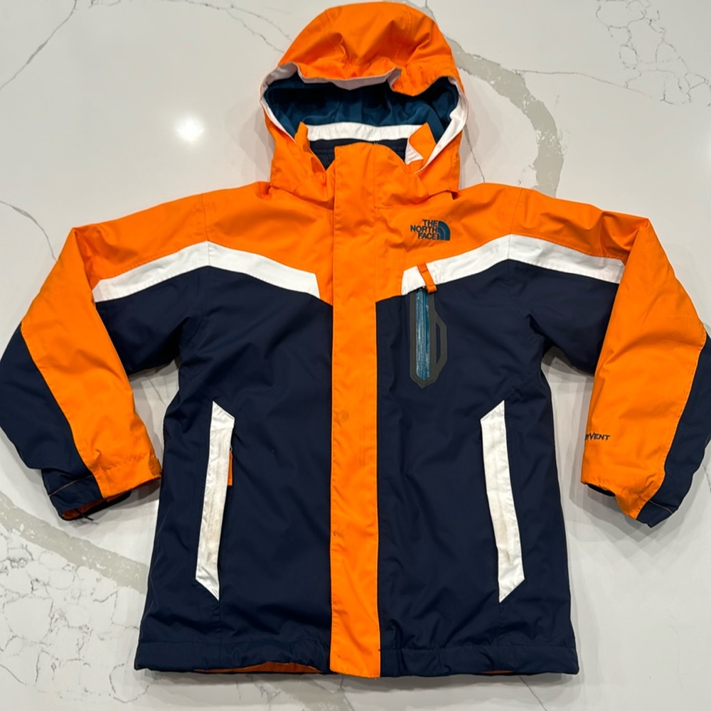 Boys youth North Face winter ski jacket navy/orange size 7/8 w/ built in puffer